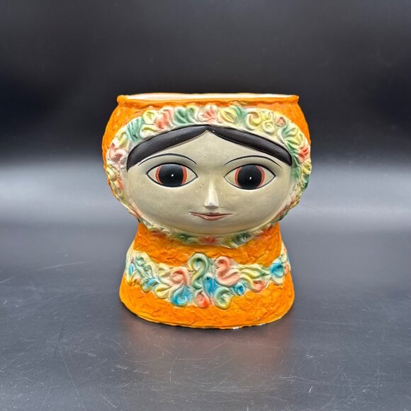 Vintage Big Eyed Face Planter Vase Nippon Yoko Boeki Japan 1950s Orange Kitsch - Picture 2 of 16